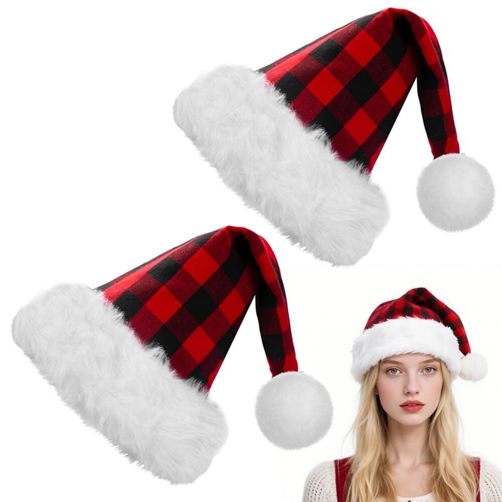 4618 2pcs Christmas Santa Hat,Double Layer Luxury Plush Christmas Santa